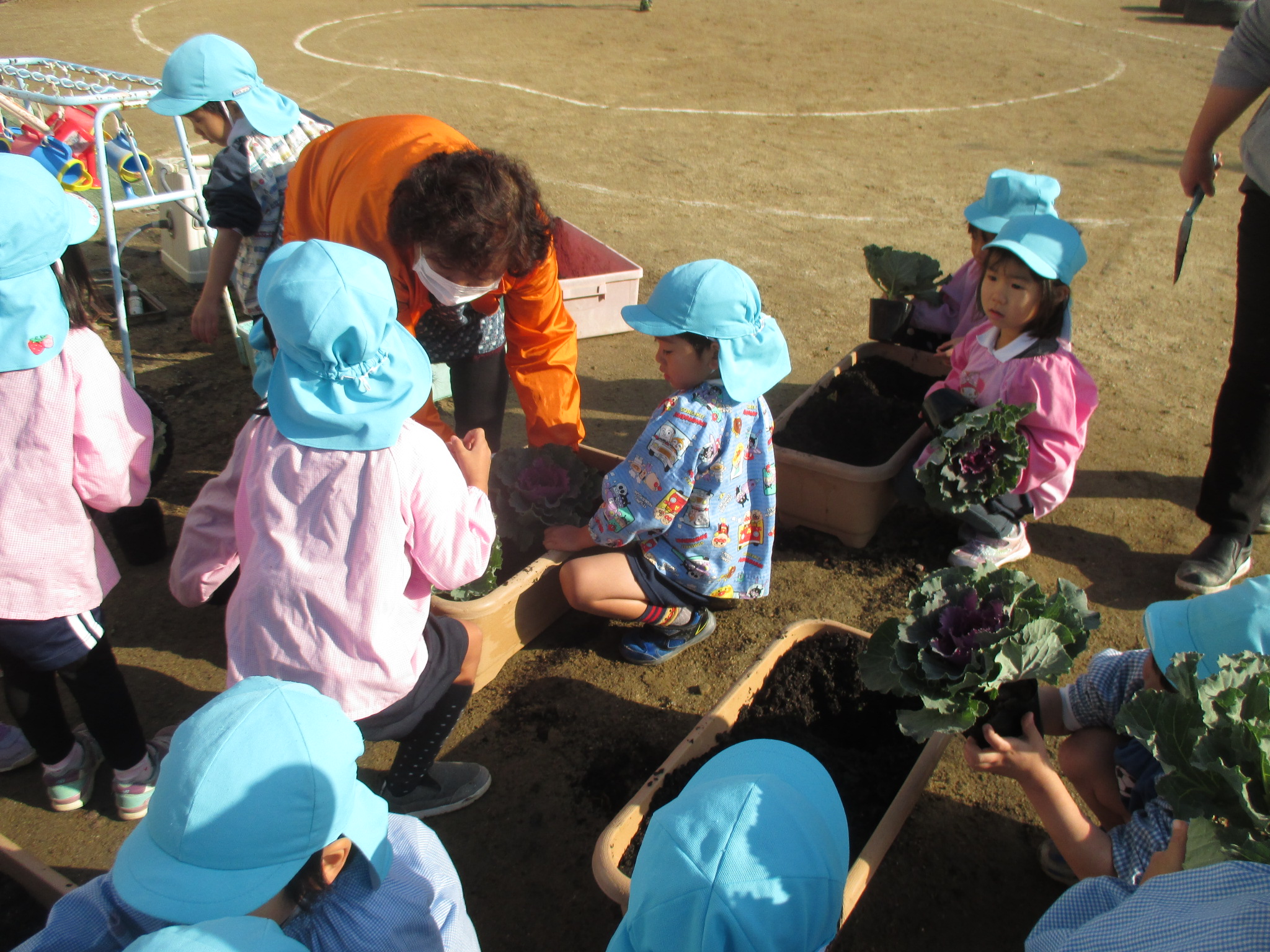 地域の方に手伝ってもらいながら、花を植えています。