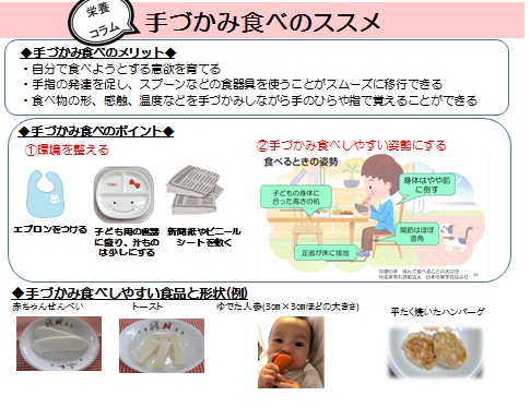 手づかみ食べのメリットとして、自分で食べようとする意欲を育てる、手指の発達を促しスプーンなどの食器具を使うことがスムーズにできる。食べ物の形や感触、温度などを手づかみしながら指で覚えることができる。手づかみ食べのポイントとして、環境を整える、手づかみ食べしやすい姿勢にする。手づかみ食べしやすい食品として、赤ちゃんせんべい、トースト、大きく切って茹でた人参など（大人が一緒に持ち、誤嚥しないように注意する）