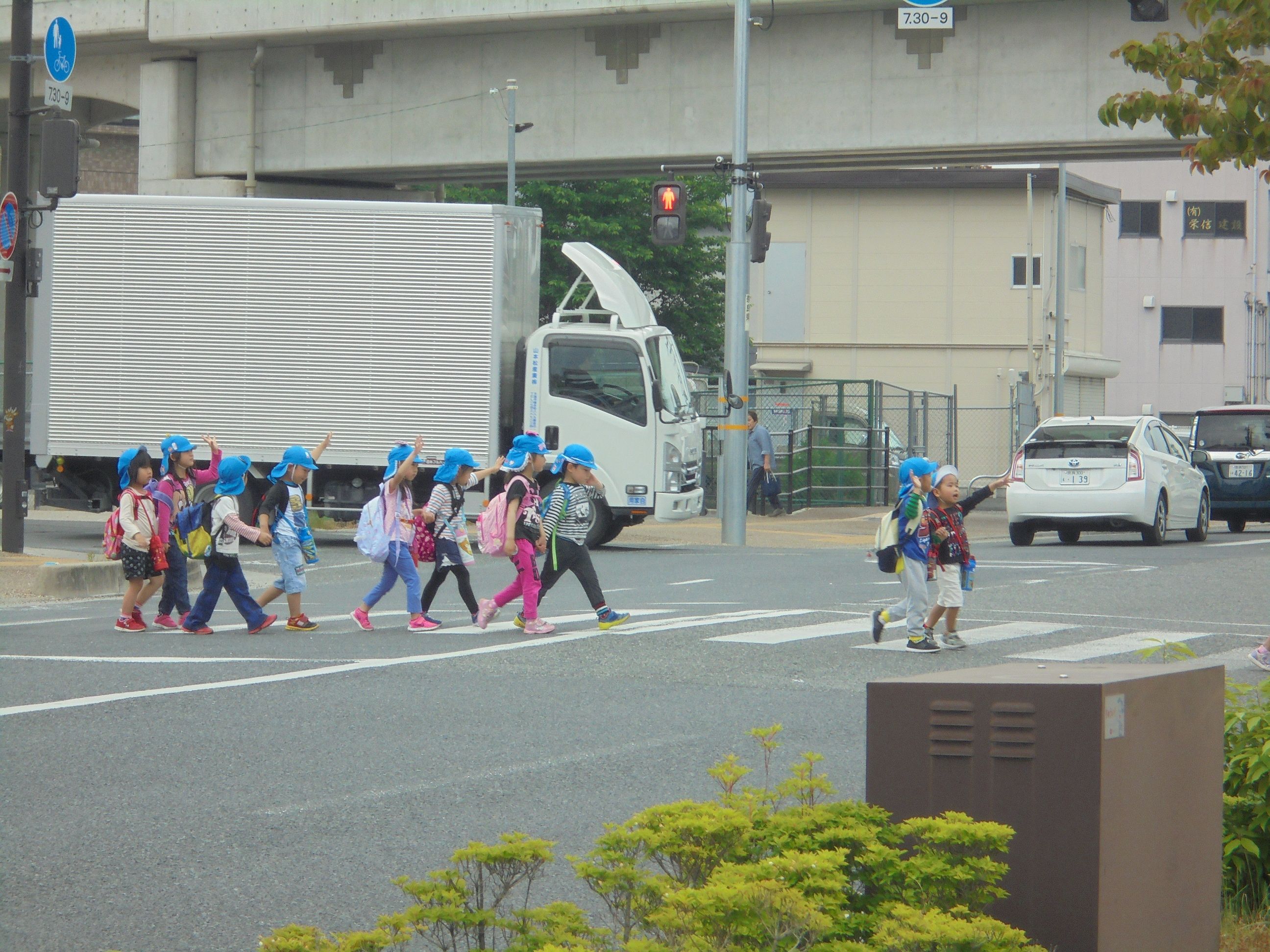 手をあげて横断歩道を渡りましょう