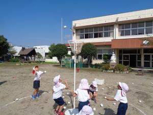白の玉入れをする4歳児