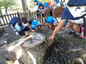 水琴窟で水の音を聴く5歳児