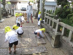 3歳児がドングリを拾っています
