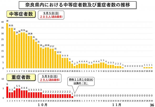 奈良県内における中等症者数及び重症者数の推移