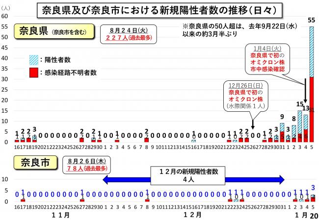 奈良県及び奈良市における新規陽性者数の推移（日々）