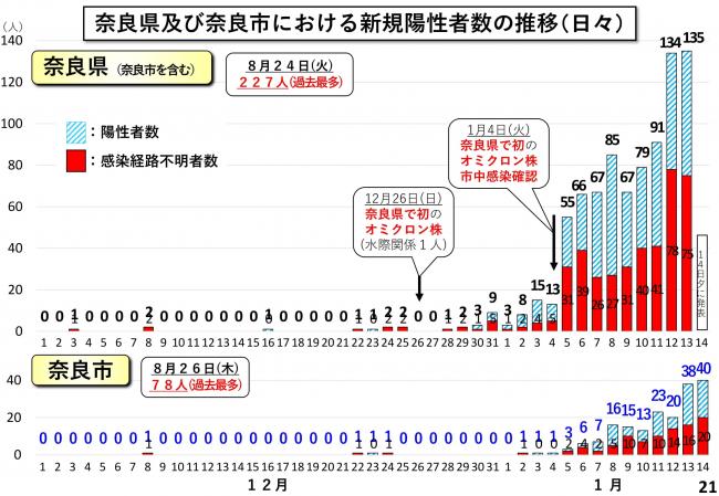 奈良県及び奈良市における新規陽性者数の推移（日々）