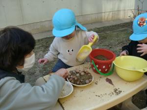 1歳児　どんぐりや落ち葉を使ってごちそう作り