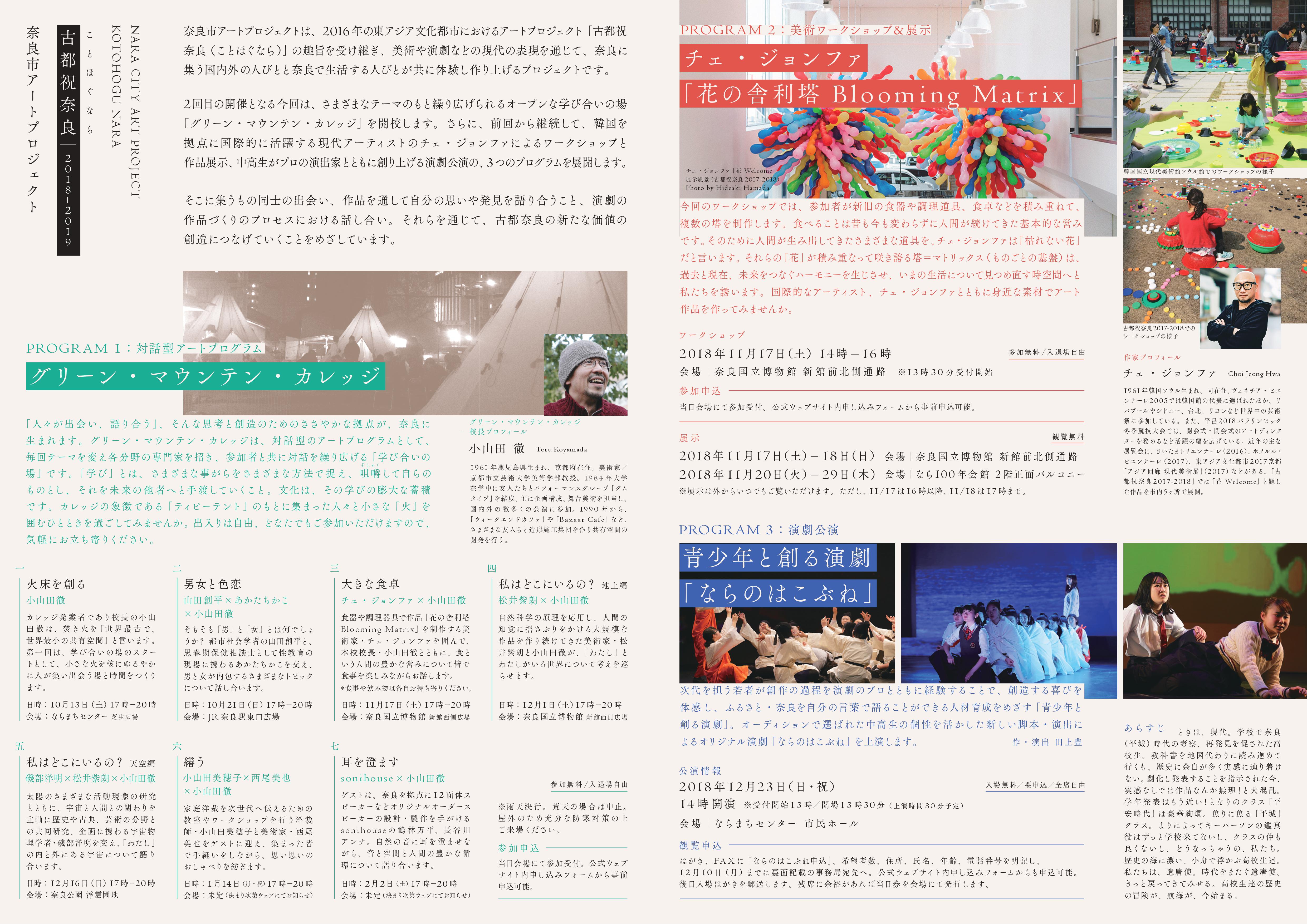 奈良市アートプロジェクト「古都祝奈良2018-2019」事業チラシ 及び第1回「グリーン・マウンテン・カレッジ」(10/13)について(平成30年10月10日発表)の画像2