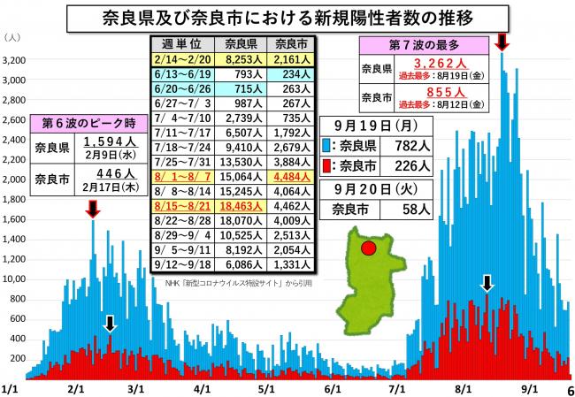 奈良県及び奈良市における新規陽性者数の推移