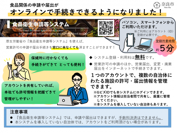 食品関係の申請や届出がオンラインで手続きできるようになったお知らせの画像です。