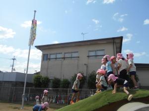 こいのぼりを見ている４歳児