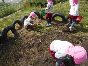 草集めをする４歳児