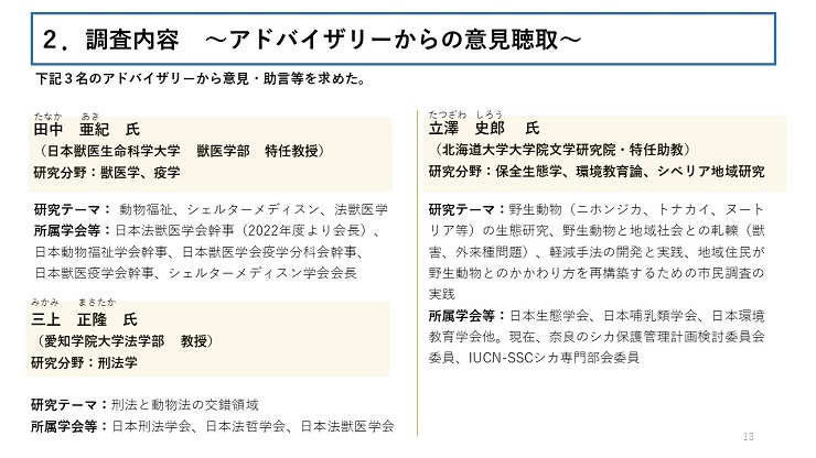 下記3名のアドバイザリーから意見・助言等を求めた。 田中　亜紀氏（日本獣医生命科学大学　獣医学部　特任教授）、三上　正隆氏（愛知学院大学法学部　教授）、立澤　史郎氏（北海道大学大学院文学研究院・特任助教）