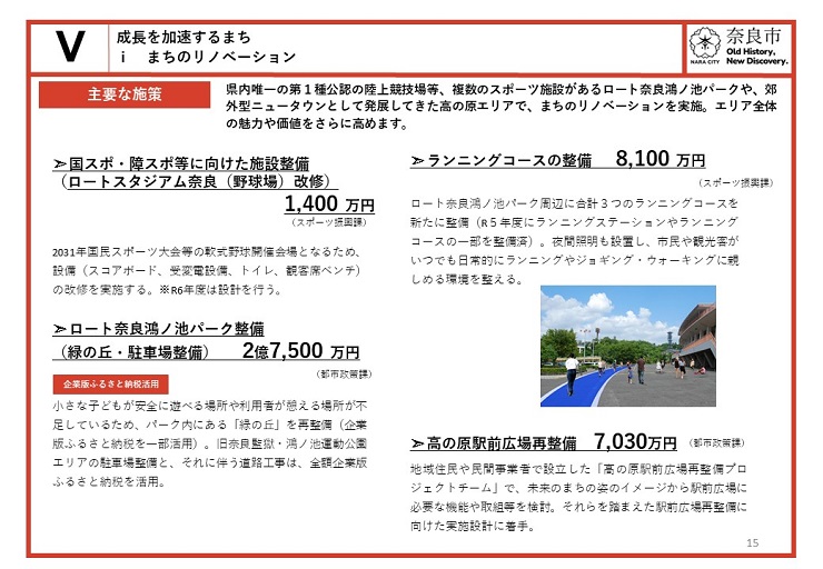 【誰もが社会参加できるまち】まちのリノベーション　県内唯一の第１種公認の陸上競技場等、複数のスポーツ施設があるロート奈良鴻ノ池パークや、郊外型ニュータウンとして発展してきた高の原エリアで、まちのリノベーションを実施。エリア全体の魅力や価値をさらに高めます。