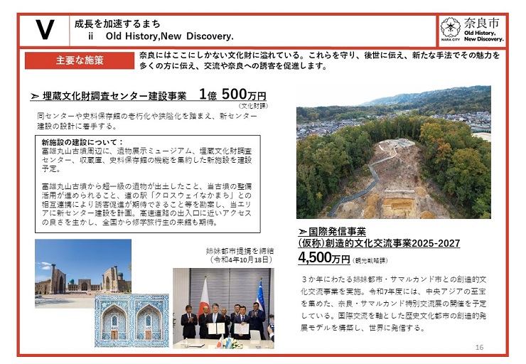 【誰もが社会参加できるまち】Old History,New Discovery.　奈良にはここにしかない文化財に溢れている。これらを守り、後世に伝え、新たな手法でその魅力を多くの方に伝え、交流や奈良への誘客を促進します。