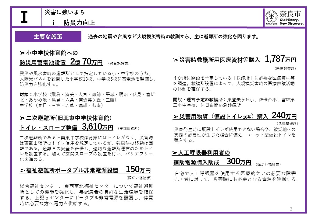 【災害に強いまち】防災力向上　過去の地震や台風など大規模災害時の教訓から、主に避難所の強化を図ります。