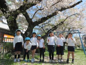 桜の木の下で集合写真