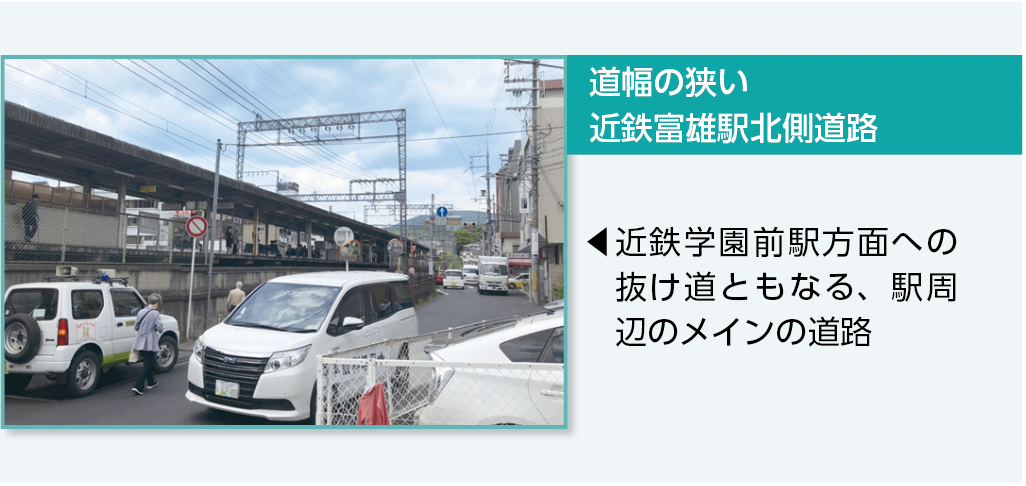 道幅の狭い近鉄富雄駅北側道路