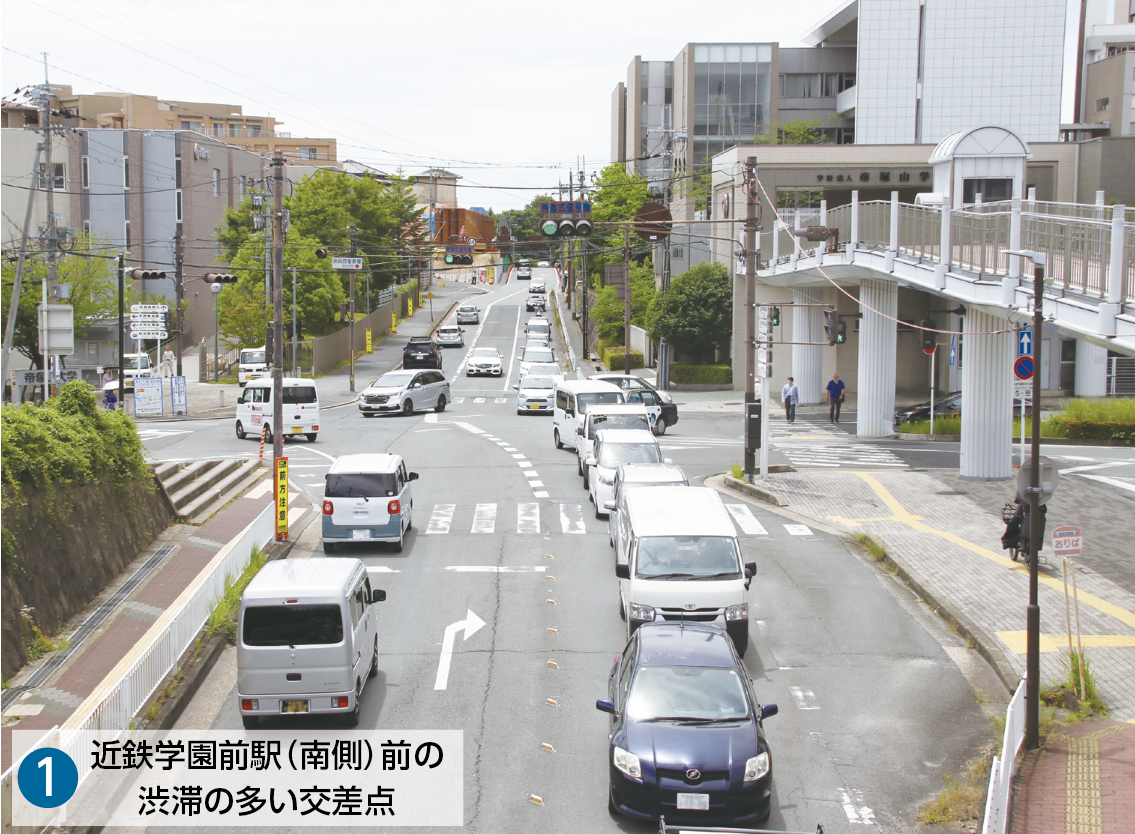 近鉄学園前駅前の渋滞の多い交差点