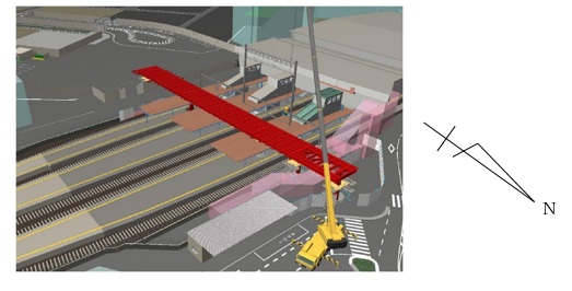 駅北側よりクレーン車により架設　完了の画像