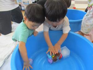 大きな氷を子どもが触ってる