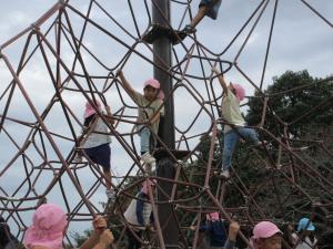 5歳児遠足蜘蛛の糸の遊具で遊ぶ様子