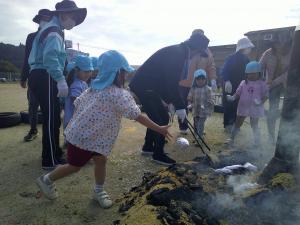 ４歳児　さつまいもを入れようとしています