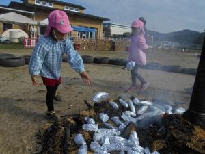 ５歳児　サツマイモを入れています