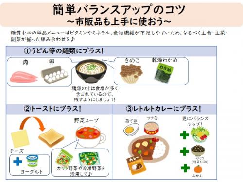 糖質中心の単品メニューはビタミンやミネラル、食物繊維が不足しやすいため、なるべく主食・主菜・副菜が揃った組み合わせを心掛けましょう。うどん等の麺類には肉や魚、きのこ、乾燥わかめなどを取り入れる。