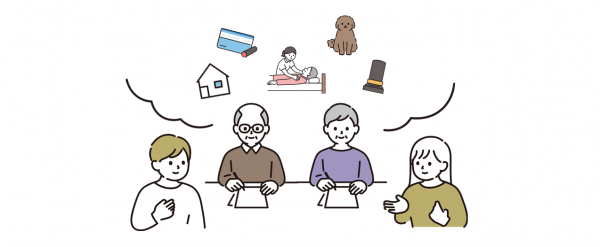 家族と話し合いながらエンディングノートを書いているイラスト