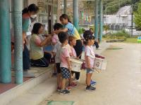 5歳児太鼓を付けてオープニングの準備をしています