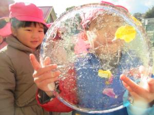 バケツに大きい氷ができたよ