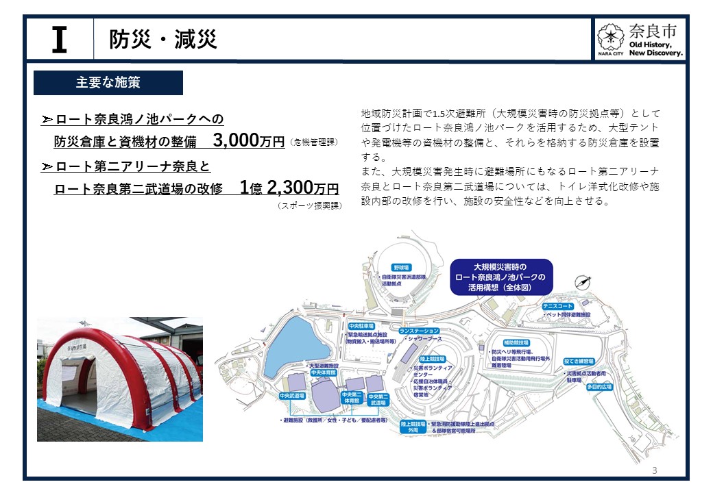 【1.防災・減災】地域防災計画で1.5次避難所として位置づけたロート奈良鴻ノ池パークの活用