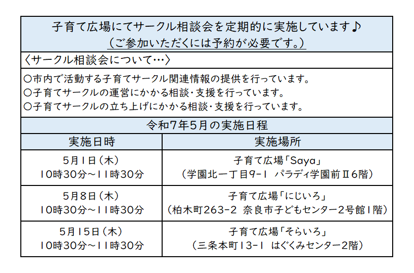 子育てサークル実施日程
