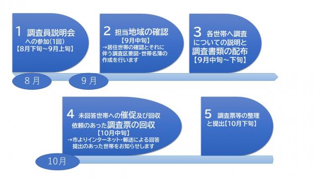 ①調査員説明会への参加（1回）【8月下旬～9月上旬】②担当地域の確認【9月中旬】 　→居住世帯の確認とそれに伴う調査区要図・世帯名簿の作成を行います。                       ③調査関係書類等の配布【9月中旬～下旬】④未回答世帯への催促