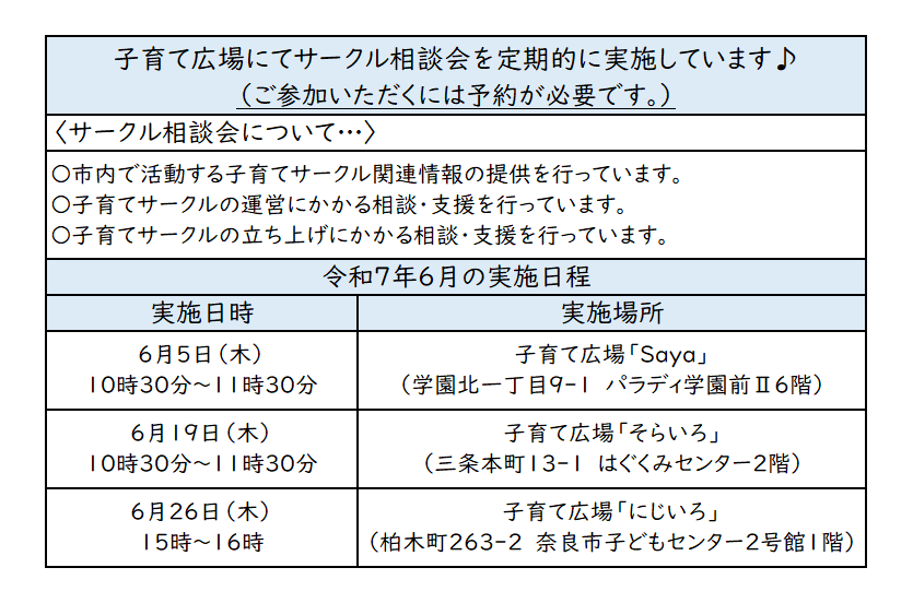 子育てサークル実施日程