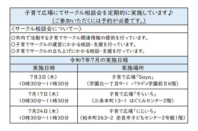 子育てサークル実施日程