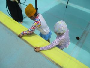 プールの縁をたわしでこすっている子ども