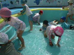 プールを綺麗にする子ども
