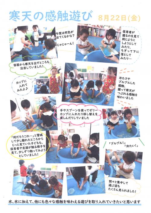 1歳児8月寒天の感触遊び