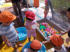 たらいのおもちゃで遊んでいます。