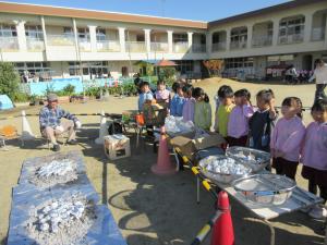 ２組が芋を焼く様子を見ています