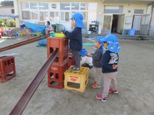 台に登ってどんぐりを転がしているところ