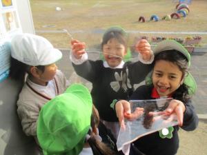 氷を見せる園児