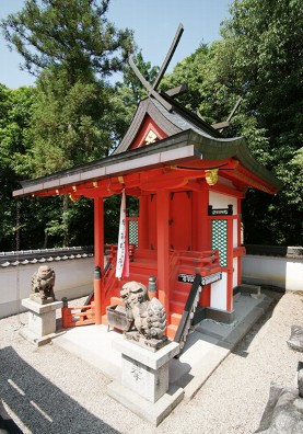 嶋田神社本殿の写真(神社の木々に映える朱色の本殿)